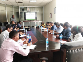  TMDA Manager for Medicines and Complementary products Inspection and Enforcement, Mr Emmanuel Alphonce (standing far), presenting about TMDA regulatory systems to the delegates of Madagascar Ministry of Health and Medicine Regulatory Authority  who are at